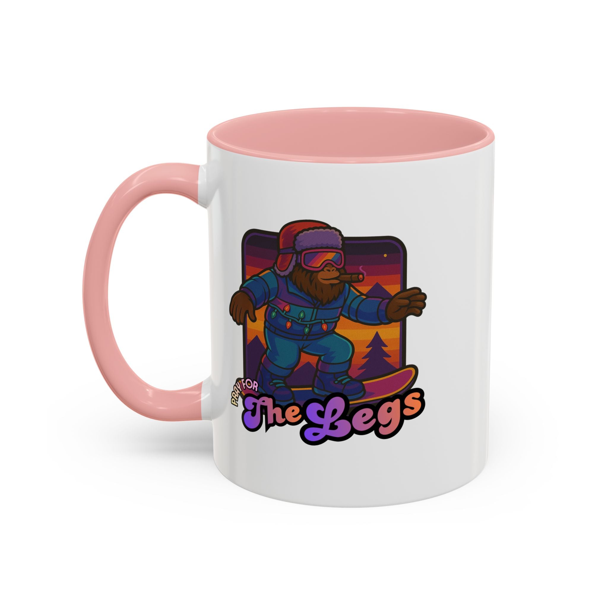 Snowboarding  Sasquatch Coffee Mug - 'Pray for The Legs' Retro Sunset Accent Mug (11/15oz)