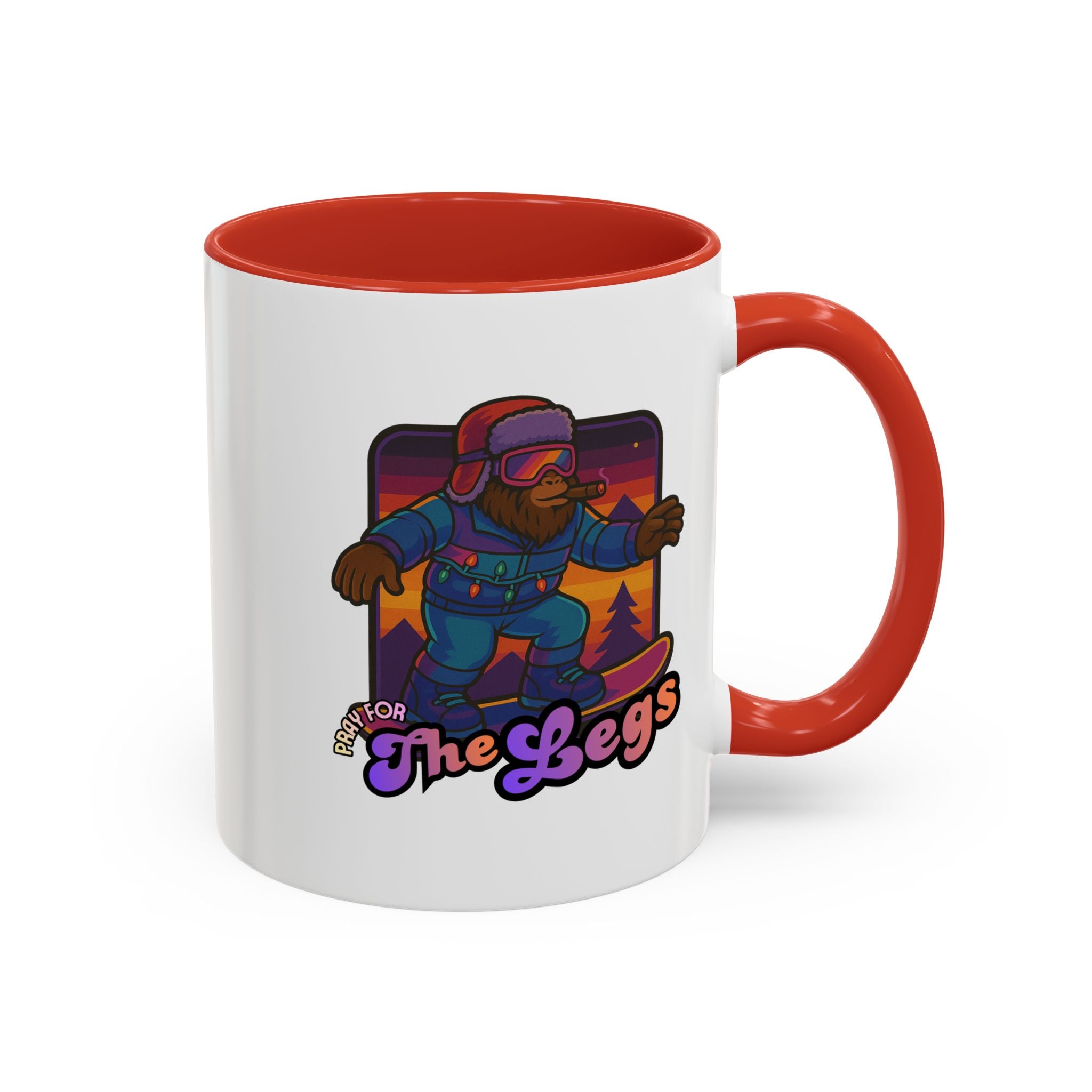 Snowboarding  Sasquatch Coffee Mug - 'Pray for The Legs' Retro Sunset Accent Mug (11/15oz)