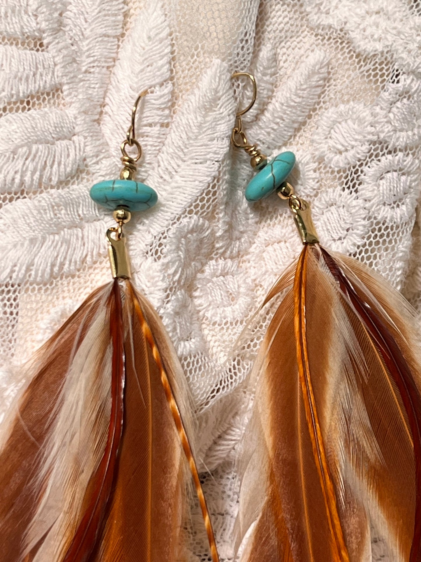 Rust & Cream Feather Earrings with Turquoise Howlite