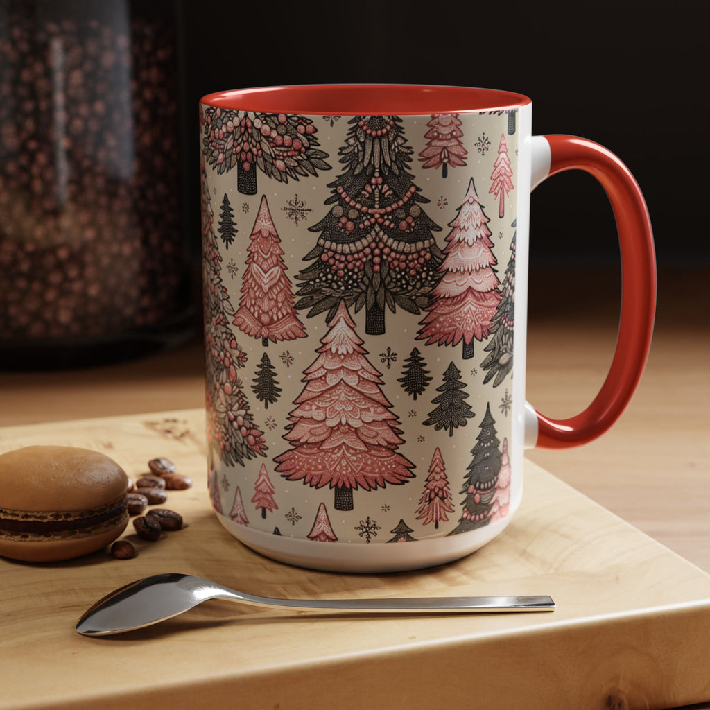 Paisley Christmas Tree Accent Coffee Mug – Pink Vintage Holiday Pattern (11/15oz)