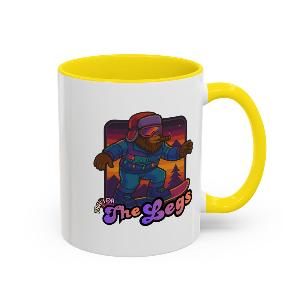 Snowboarding  Sasquatch Coffee Mug - 'Pray for The Legs' Retro Sunset Accent Mug (11/15oz)