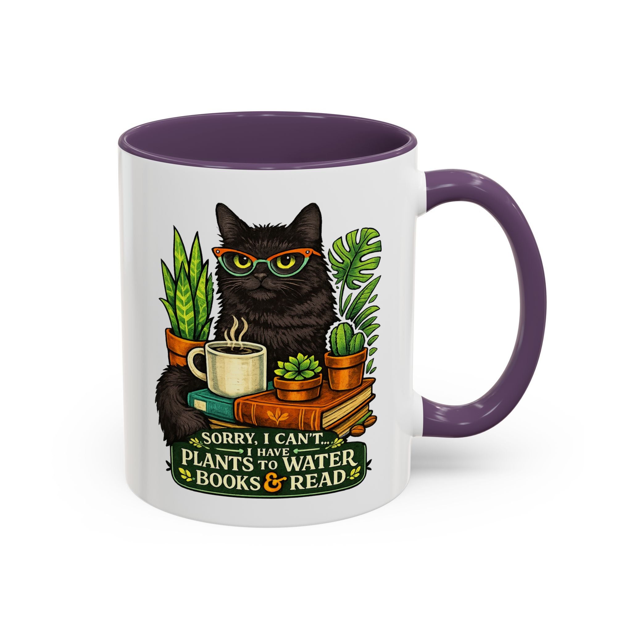 Cat & Plants Accent Coffee Mug — "Sorry, I Can't...I Have Plants to Water & Books to Read"