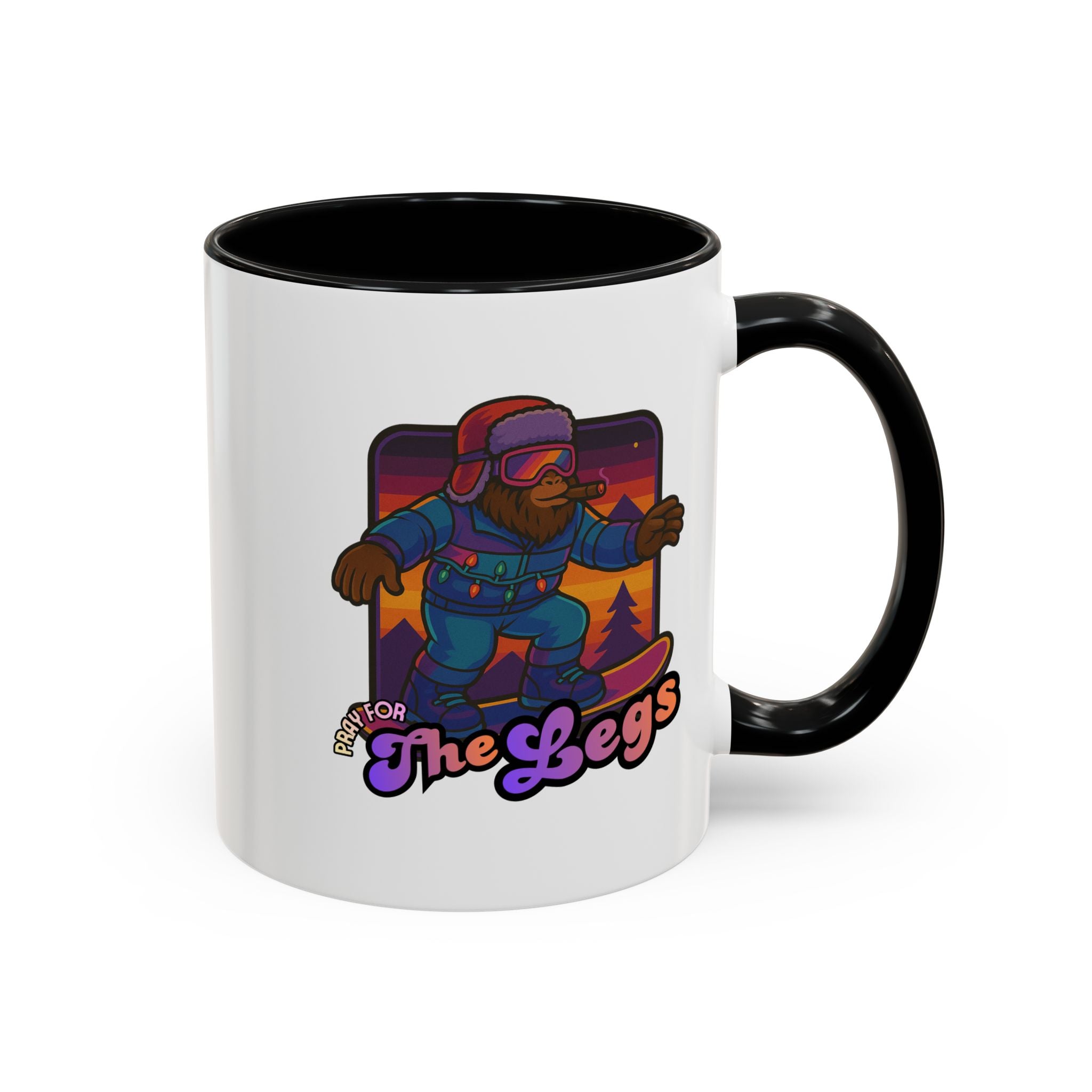 Snowboarding  Sasquatch Coffee Mug - 'Pray for The Legs' Retro Sunset Accent Mug (11/15oz)