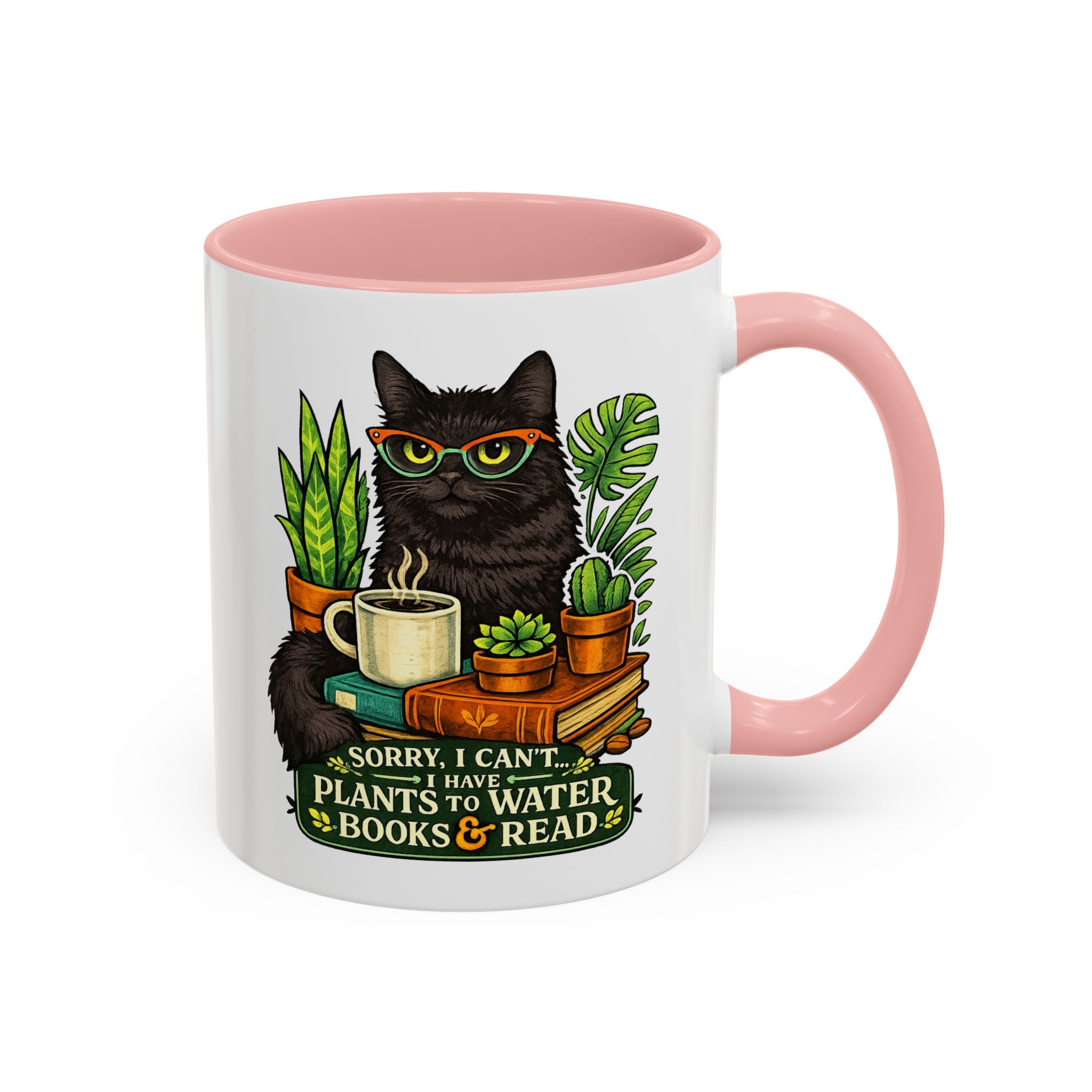 Cat & Plants Accent Coffee Mug — "Sorry, I Can't...I Have Plants to Water & Books to Read"