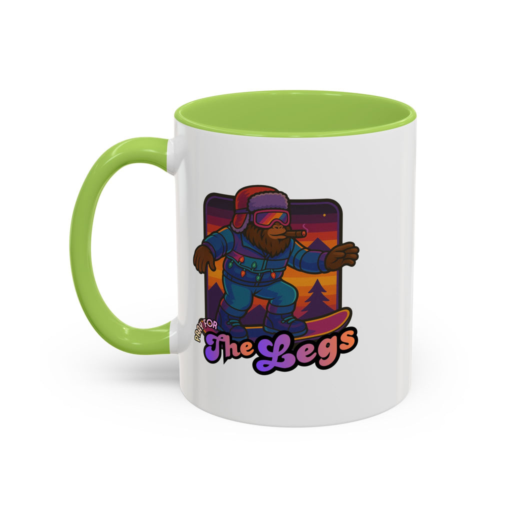 Snowboarding  Sasquatch Coffee Mug - 'Pray for The Legs' Retro Sunset Accent Mug (11/15oz)