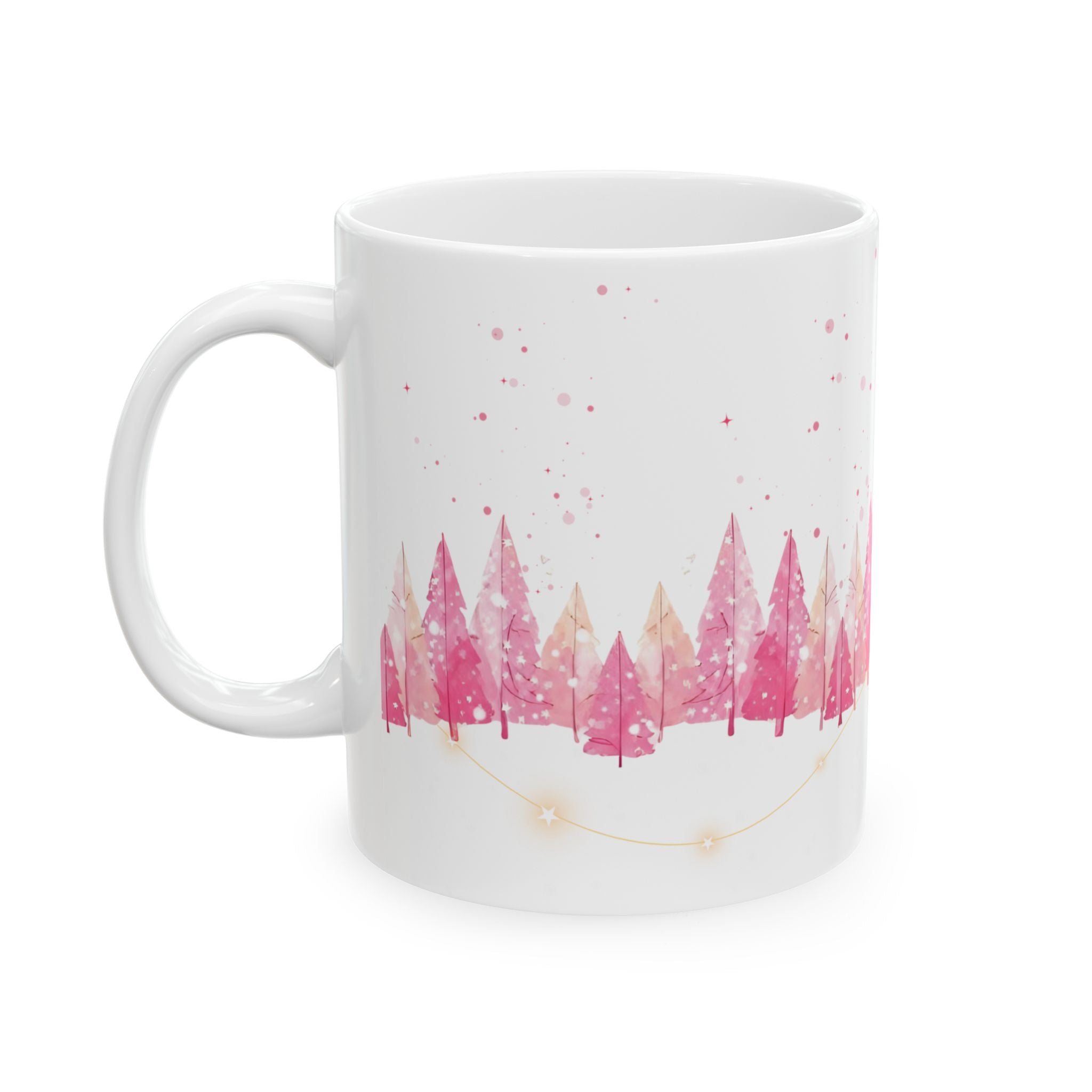 Pink Watercolor Christmas Trees Ceramic Mug — Holiday Coffee Cup (11oz, 15oz)