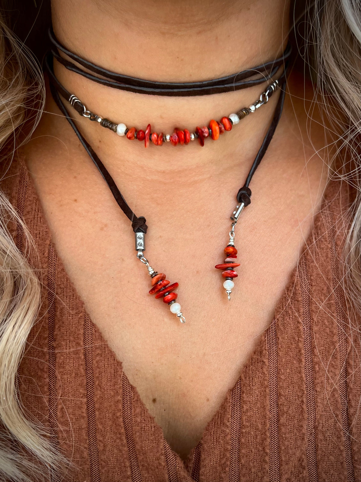 Red Coral & Pearl Choker Lariat Necklace