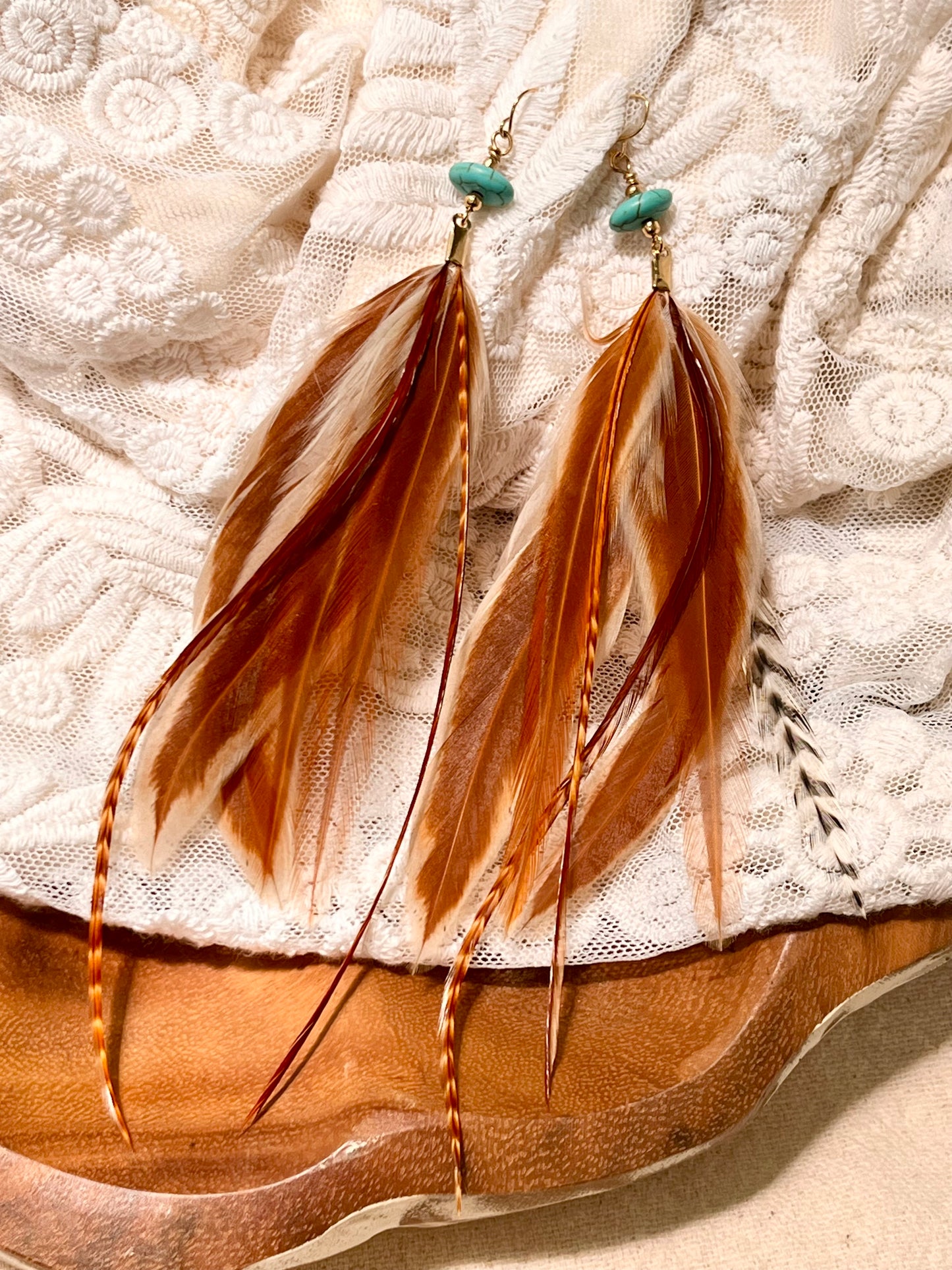 Rust & Cream Feather Earrings with Turquoise Howlite