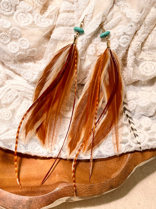 Rust & Cream Feather Earrings with Turquoise Howlite