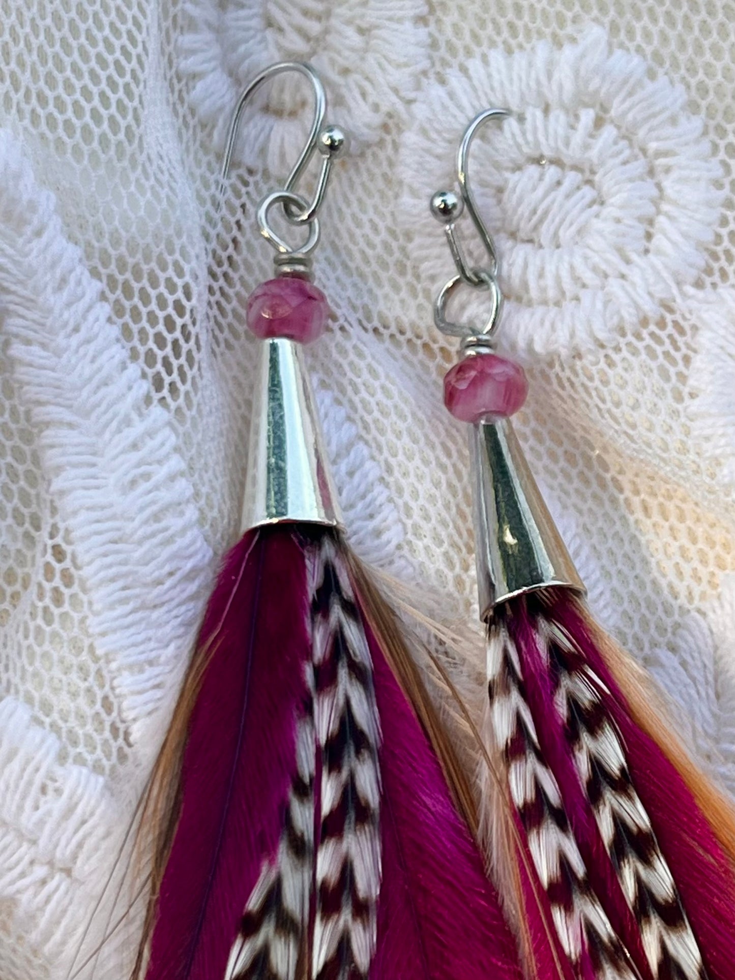 6” Brown Rooster + Hot Pink Emu Feather Earrings