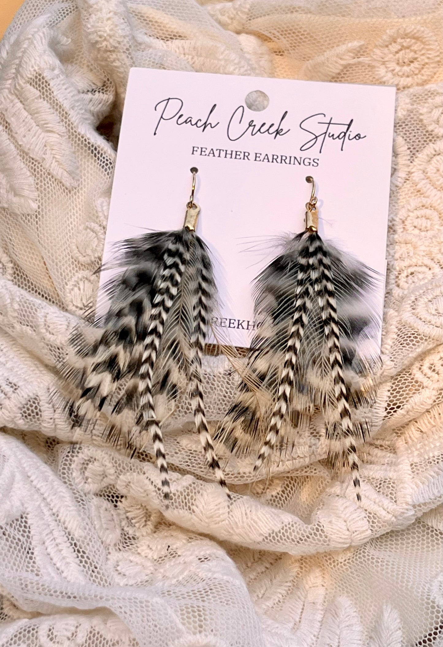 3.5” Black & White Grizzly Feather Earrings