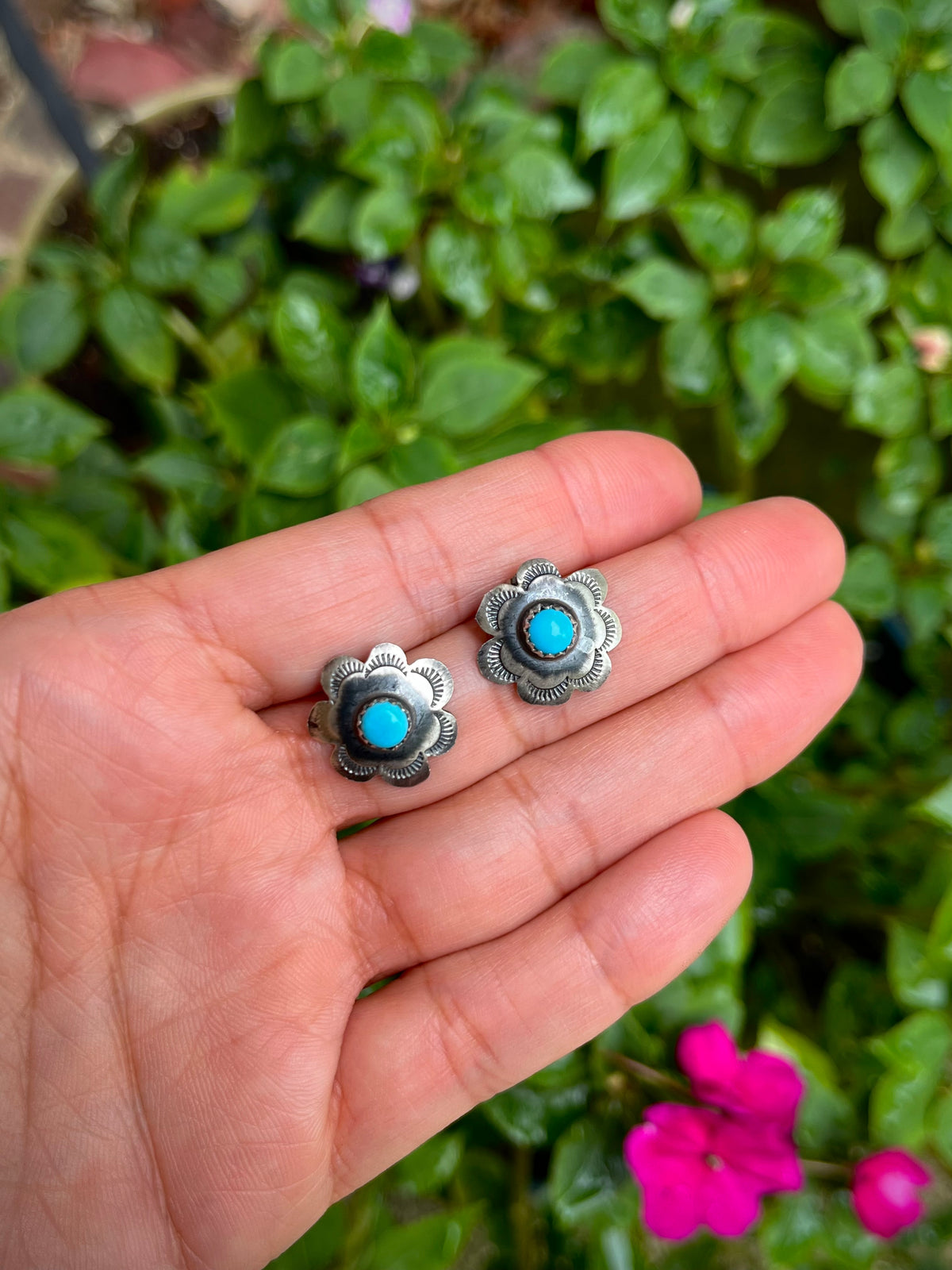 Turquoise Sterling Silver Flower Stud Earrings