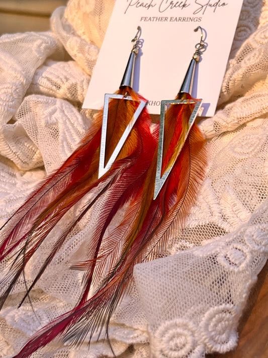 8” Rust, Red & Golden Emu Feather Earrings with Silver Geometric Accent