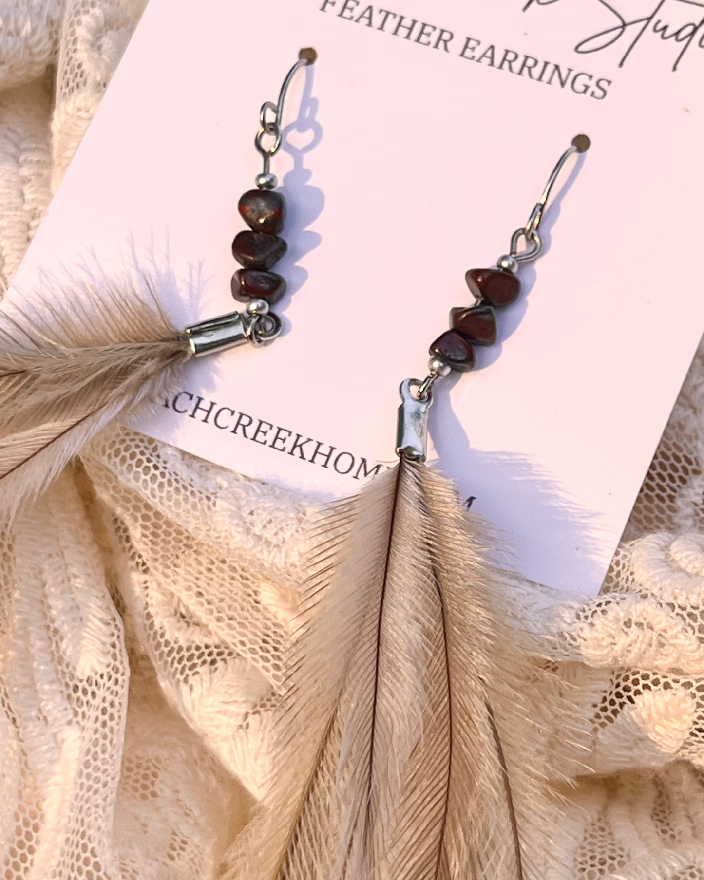 8" Emu Feather Earrings with Hematite Jasper
