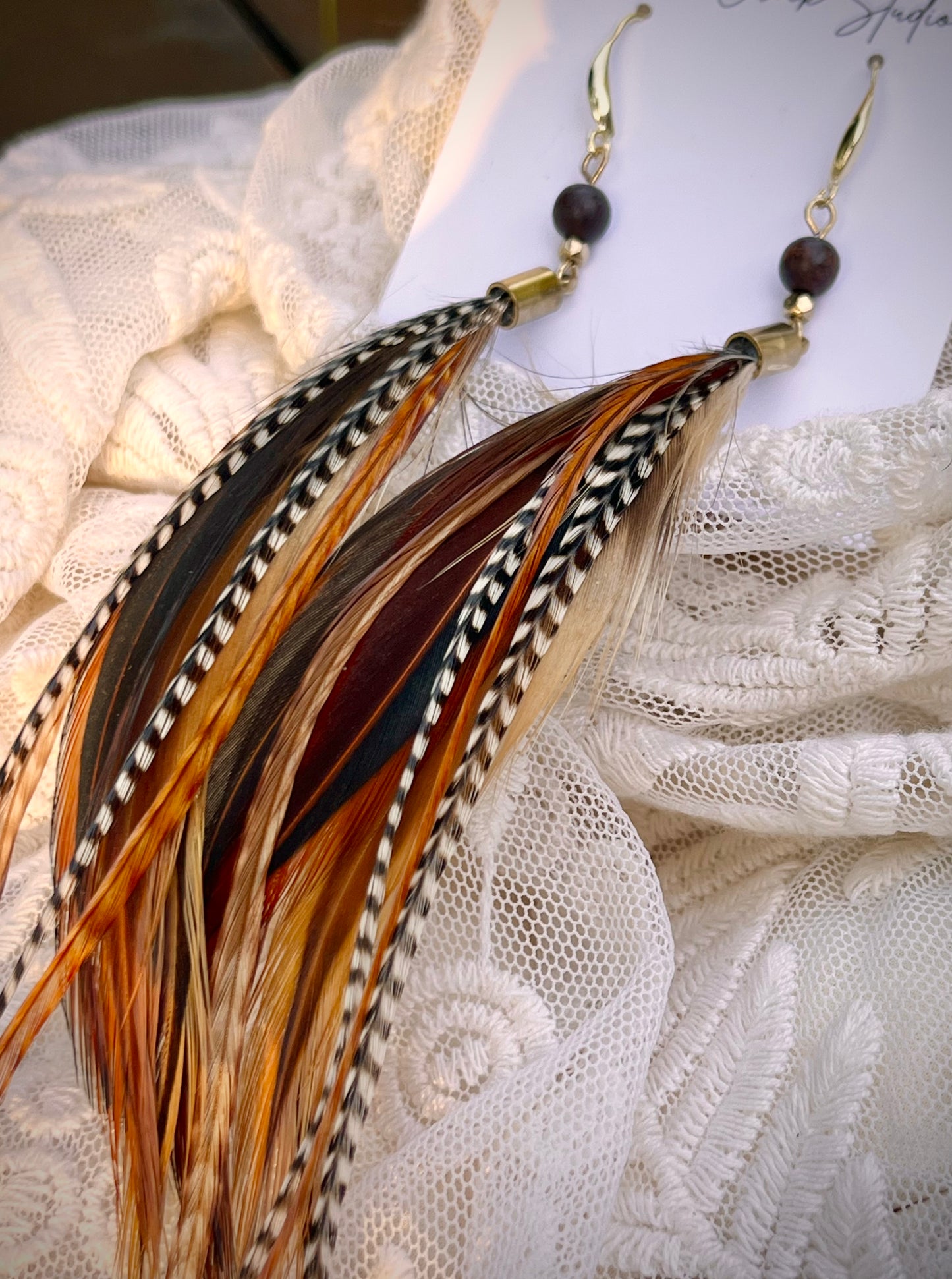 10" Grizzly & Ginger Feather Earrings with Wooden Beads
