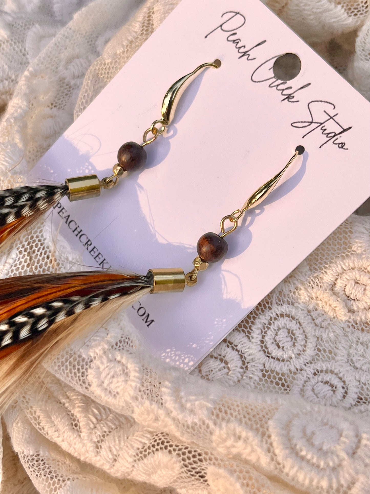 10" Grizzly & Ginger Feather Earrings with Wooden Beads