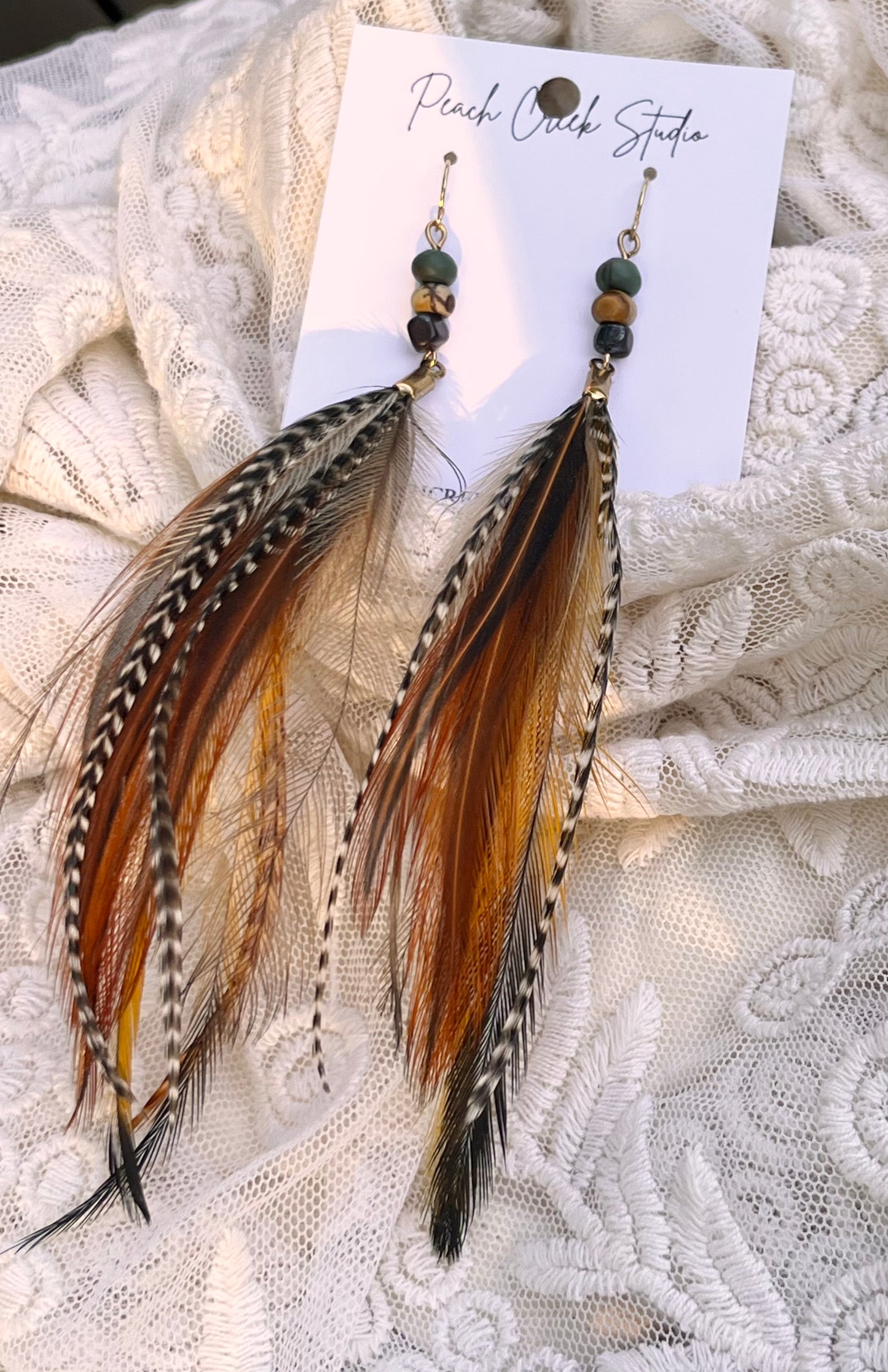 6" Grizzly & Ginger Feather Earrings with Jasper Stone