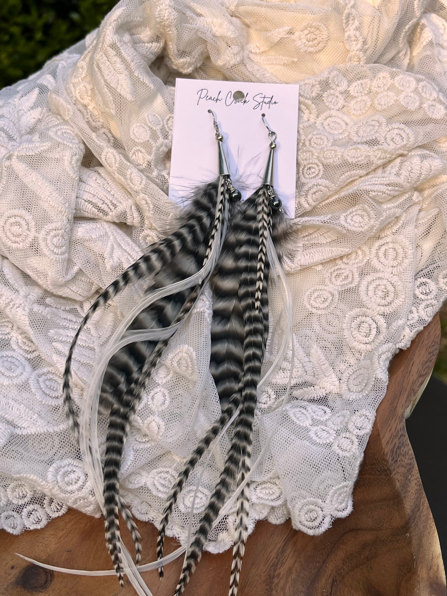 10.5" Grizzly Grey & White Feather Earrings with Hematite