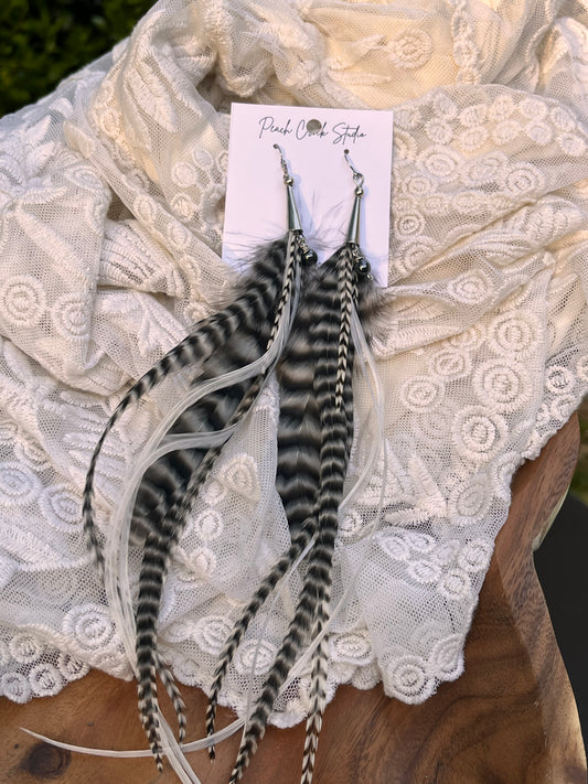 10.5" Grizzly Grey & White Feather Earrings with Hematite